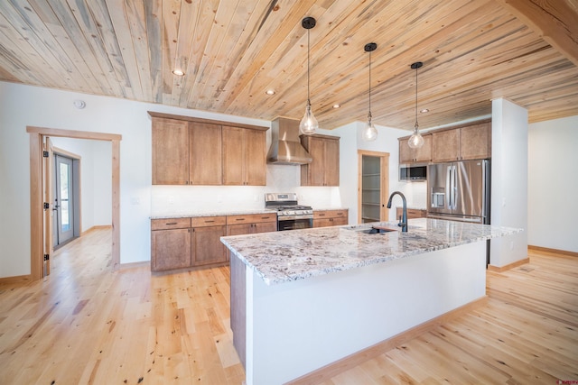 26217 Rd 38.5, Dolores, CO 81323 - kitchen featuring a sink, appliances with stainless steel finishes, wall chimney range hood, brown cabinets, and wood ceiling