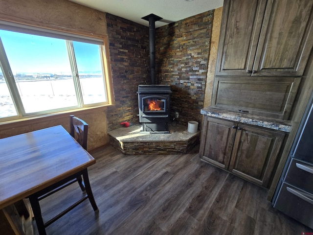 4189 Crowther Ln, Alamosa, CO 81101 - living area featuring dark wood-style flooring and a wood stove