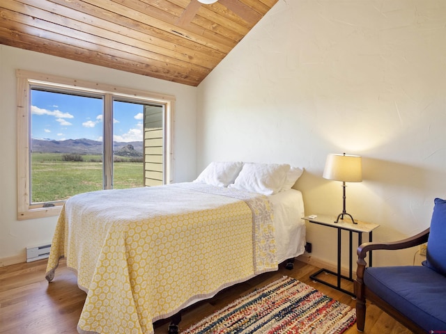 741 Big Wall Ln, La Veta, CO 81055 - bedroom featuring a baseboard heating unit, multiple windows, wood finished floors, lofted ceiling, and wooden ceiling