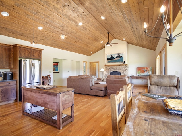 741 Big Wall Ln, La Veta, CO 81055 - living area featuring a stone fireplace, high vaulted ceiling, light wood finished floors, a ceiling fan, and wooden ceiling