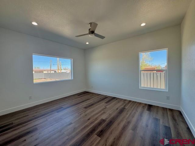 1911 Edison Ave, Alamosa, CO 81101 - empty room featuring healthy amount of natural light, ceiling fan, dark wood-type flooring, baseboards, and recessed lighting