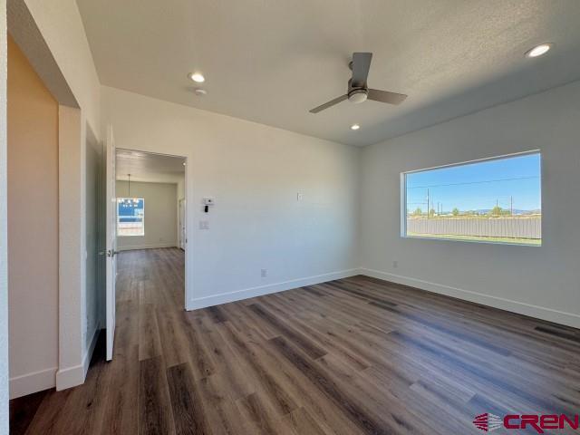 1911 Edison Ave, Alamosa, CO 81101 - spare room featuring plenty of natural light, dark wood-style floors, baseboards, ceiling fan, and recessed lighting