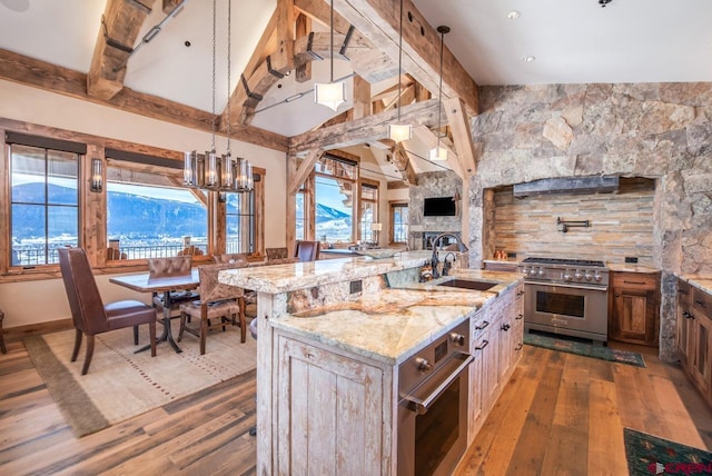 426 Saddle Ridge Ranch Rd, Crested Butte, CO 81224 - kitchen featuring a sink, appliances with stainless steel finishes, dark wood-type flooring, light stone countertops, and a chandelier