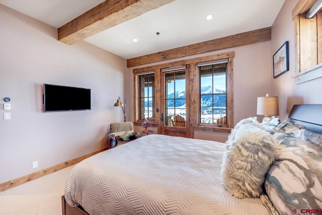 426 Saddle Ridge Ranch Rd, Crested Butte, CO 81224 - bedroom with beamed ceiling, access to outside, recessed lighting, and baseboards