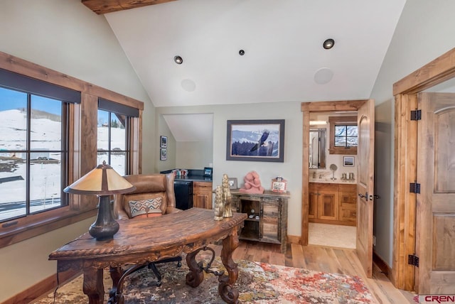 426 Saddle Ridge Ranch Rd, Crested Butte, CO 81224 - home office with vaulted ceiling, light wood-style flooring, healthy amount of natural light, and baseboards