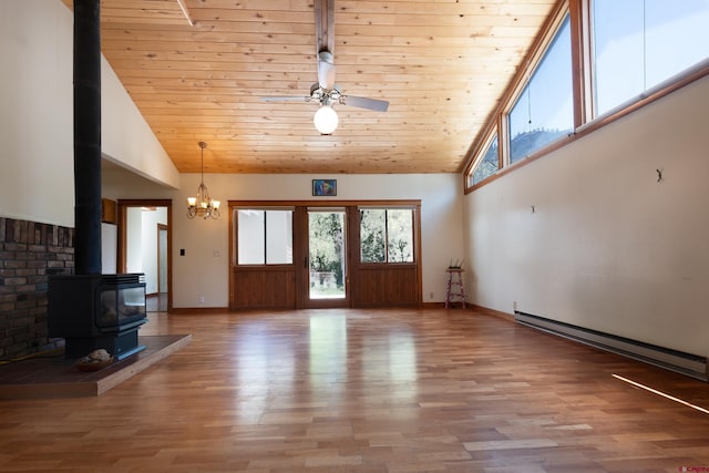 323 3rd Ave, Ouray, CO 81427 - unfurnished living room featuring a wood stove, high vaulted ceiling, wood ceiling, wood finished floors, and ceiling fan