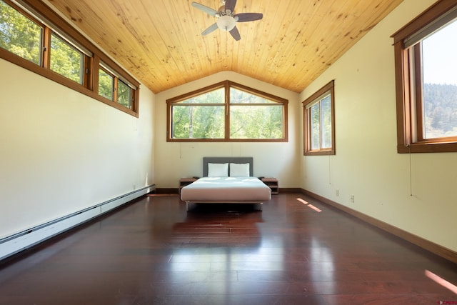 323 3rd Ave, Ouray, CO 81427 - sitting room featuring a baseboard heating unit, hardwood / wood-style floors, wooden ceiling, lofted ceiling, and a ceiling fan