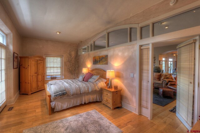 575 County Rd 253, Durango, CO 81301 - bedroom with arched walkways, light wood-style flooring, multiple windows, and baseboards