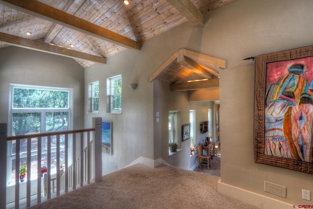 575 County Rd 253, Durango, CO 81301 - hallway with wood ceiling with exposed beams, carpet, an upstairs landing, and high vaulted ceiling