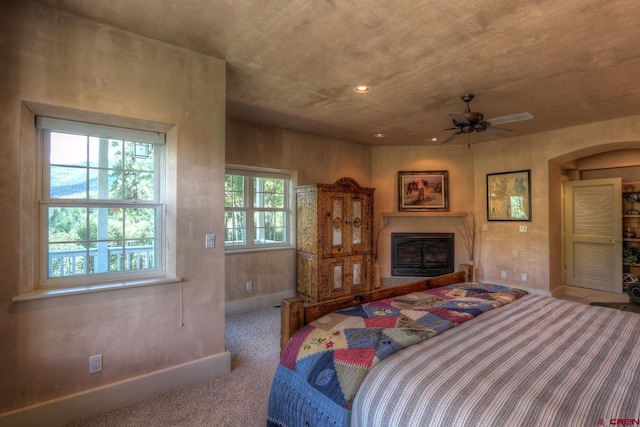 575 County Rd 253, Durango, CO 81301 - bedroom with baseboards, a fireplace, carpet flooring, arched walkways, and recessed lighting
