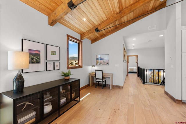 64 Buckhorn Way, Crested Butte, CO 81224 - hall with wooden ceiling, light wood-type flooring, baseboards, an upstairs landing, and recessed lighting