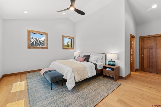 64 Buckhorn Way, Crested Butte, CO 81224 - bedroom with baseboards, light wood-style flooring, recessed lighting, high vaulted ceiling, and ceiling fan