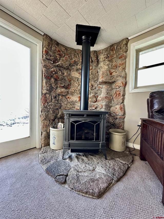 6477 W County Road 9n, Del Norte, CO 81132 - detailed view of a wood stove, carpet floors, and baseboards