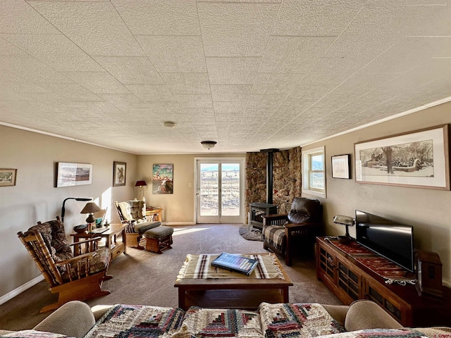 6477 W County Road 9n, Del Norte, CO 81132 - living room featuring a wood stove, carpet floors, crown molding, and baseboards