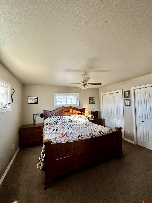 6477 W County Road 9n, Del Norte, CO 81132 - bedroom with multiple closets, multiple windows, dark carpet, and a textured ceiling