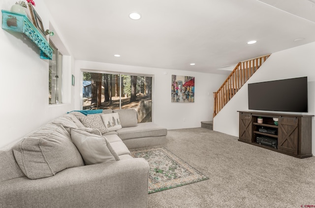343 Deer Trail Ln, Bayfield, CO 81122 - living area with carpet flooring, recessed lighting, and stairway