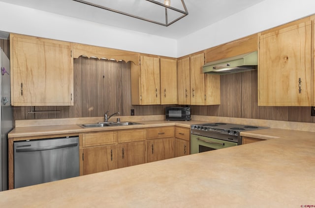 343 Deer Trail Ln, Bayfield, CO 81122 - kitchen featuring stainless steel dishwasher, under cabinet range hood, range with electric cooktop, a sink, and light countertops