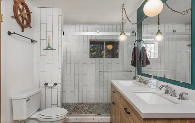 343 Deer Trail Ln, Bayfield, CO 81122 - bathroom featuring toilet, a tile shower, and double vanity