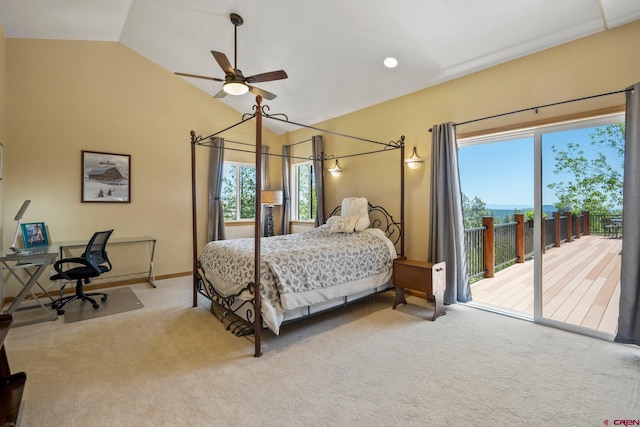 50 W Durango Ridge Rd, Durango, CO 81301 - bedroom with access to exterior, carpet flooring, vaulted ceiling, a ceiling fan, and baseboards