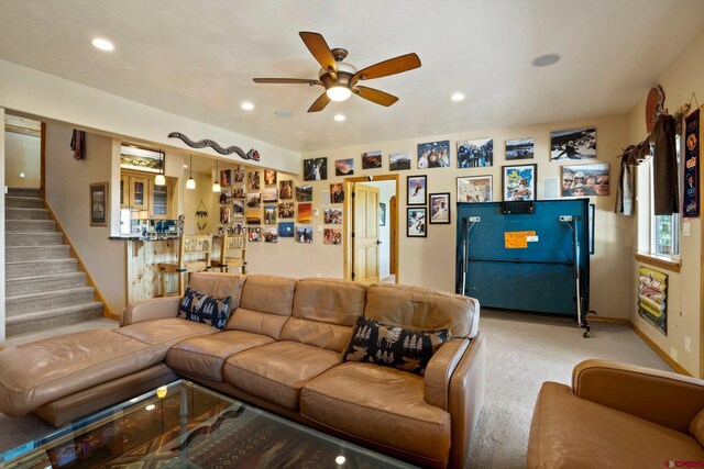 50 W Durango Ridge Rd, Durango, CO 81301 - living area featuring ceiling fan, stairway, baseboards, recessed lighting, and light colored carpet