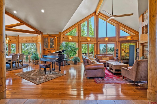 50 W Durango Ridge Rd, Durango, CO 81301 - living area featuring hardwood / wood-style floors, high vaulted ceiling, ceiling fan, beam ceiling, and recessed lighting