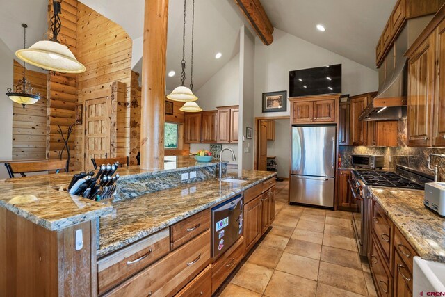 50 W Durango Ridge Rd, Durango, CO 81301 - kitchen featuring stainless steel appliances, wall chimney exhaust hood, high vaulted ceiling, beamed ceiling, and brown cabinetry