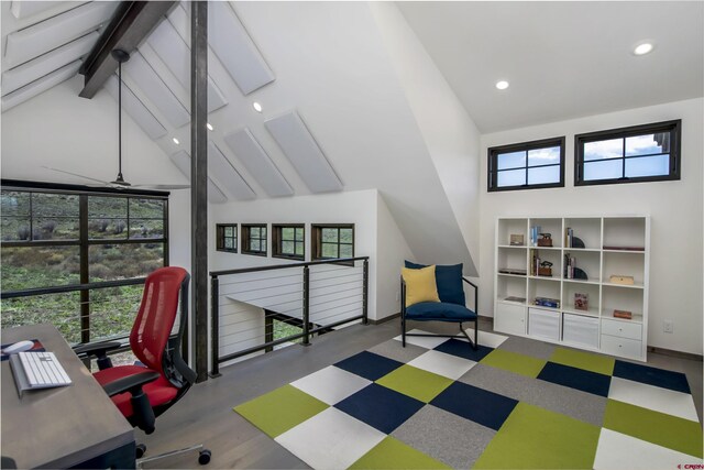 6 Moon Ridge Ln, Crested Butte, CO 81224 - office area with recessed lighting, plenty of natural light, high vaulted ceiling, beam ceiling, and baseboards
