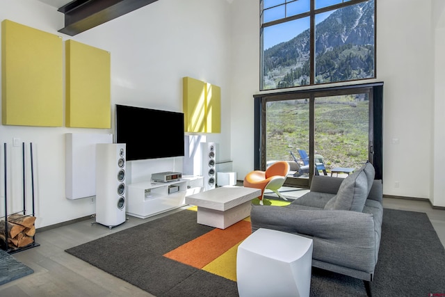 6 Moon Ridge Ln, Crested Butte, CO 81224 - living area with a high ceiling, light wood-style flooring, and healthy amount of natural light