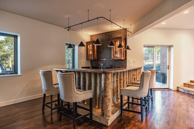 182 Juniper Rd S, Ridgway, CO 81432 - indoor wet bar with dark wood-type flooring, baseboards, pendant lighting, recessed lighting, and tasteful backsplash