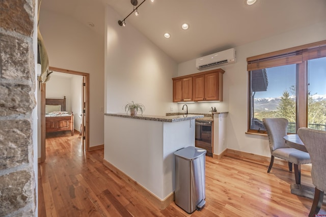 182 Juniper Rd S, Ridgway, CO 81432 - kitchen with a wall unit AC, high vaulted ceiling, light wood-type flooring, light stone countertops, and baseboards