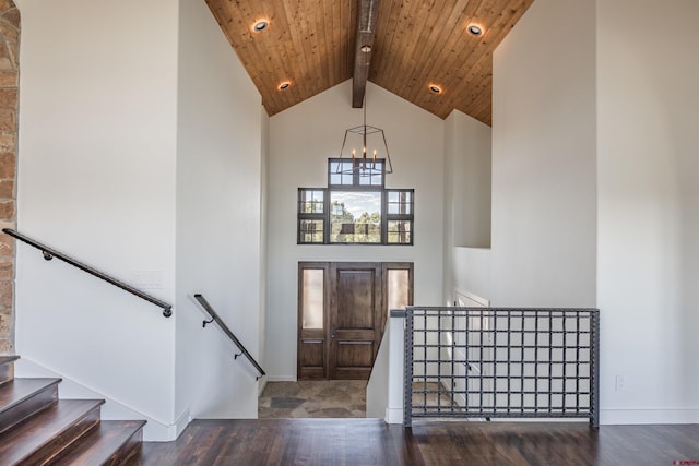 182 Juniper Rd S, Ridgway, CO 81432 - foyer featuring high vaulted ceiling, a chandelier, wood finished floors, recessed lighting, and stairway