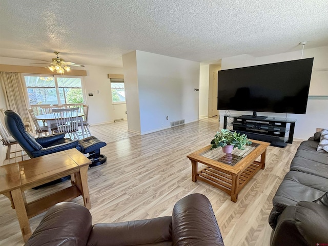 2020 Essex St, Montrose, CO 81401 - living room with a textured ceiling, light wood-type flooring, a ceiling fan, and baseboards