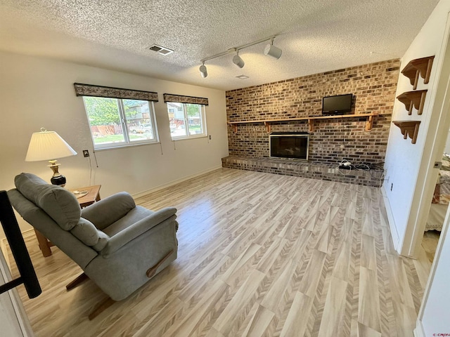 2020 Essex St, Montrose, CO 81401 - living room featuring light wood-style floors, a textured ceiling, track lighting, a fireplace, and baseboards