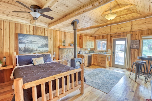 520B Whispering Wood Dr, Pagosa Springs, CO 81147 - bedroom with a wood stove, wood ceiling, light wood-style flooring, wood walls, and a sink