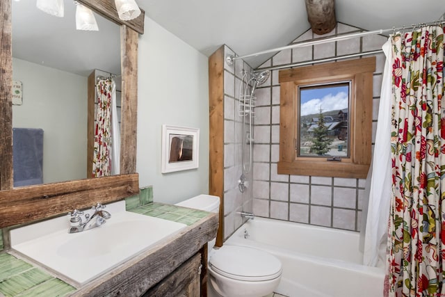 156 Zeligman St, Crested Butte, CO 81224 - bathroom featuring toilet, vanity, vaulted ceiling, and shower / tub combo with curtain