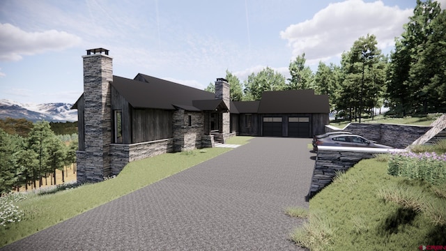 1620 Red Mountain Ranch Rd, Crested Butte, CO 81225 - view of front of property featuring a chimney, a garage, stone siding, and driveway