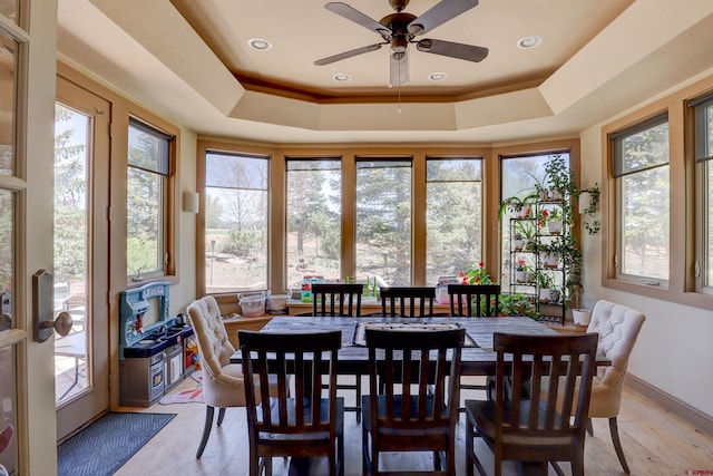 15307 Rd R, Cahone, CO 81320 - dining space featuring plenty of natural light, a raised ceiling, a ceiling fan, and light wood finished floors