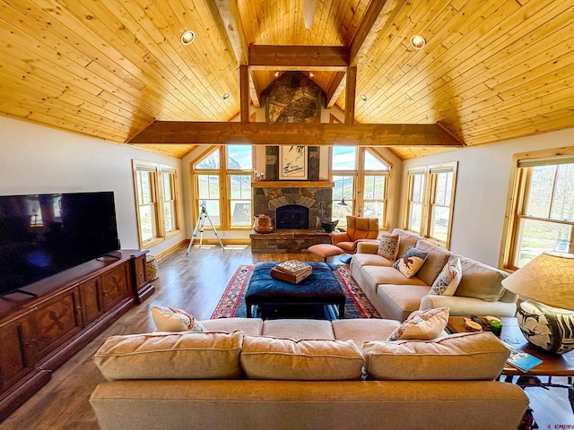 405 Meridian Lake Dr, Crested Butte, CO 81224 - living room featuring wood ceiling, wood finished floors, a stone fireplace, and baseboards
