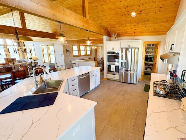 405 Meridian Lake Dr, Crested Butte, CO 81224 - kitchen with stainless steel appliances, wooden ceiling, a sink, and white cabinetry