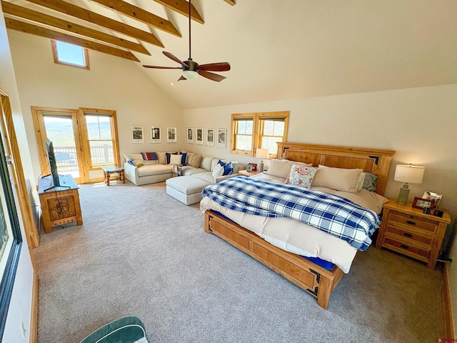 405 Meridian Lake Dr, Crested Butte, CO 81224 - bedroom featuring high vaulted ceiling, carpet floors, access to exterior, beam ceiling, and a ceiling fan