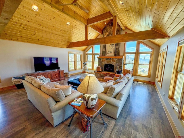 405 Meridian Lake Dr, Crested Butte, CO 81224 - living room with baseboards, wooden ceiling, dark wood-style flooring, a stone fireplace, and recessed lighting