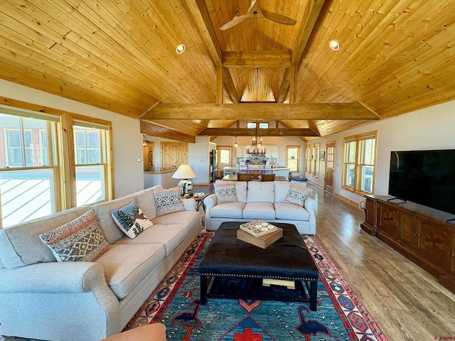 405 Meridian Lake Dr, Crested Butte, CO 81224 - living room featuring wood ceiling, wood finished floors, ceiling fan, a chandelier, and baseboards