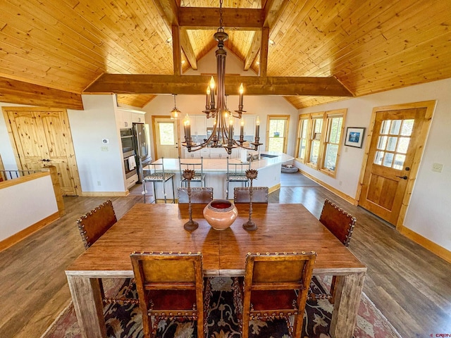 405 Meridian Lake Dr, Crested Butte, CO 81224 - dining space with dark wood-style flooring, baseboards, a chandelier, and wood ceiling