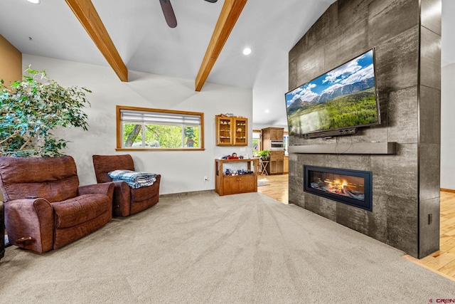 125 Ball Ln, Durango, CO 81301 - living room featuring a fireplace, carpet, ceiling fan, baseboards, and recessed lighting