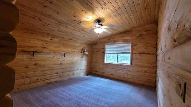 33 Fawn Ct, Pagosa Springs, CO 81147 - unfurnished room with lofted ceiling, wooden walls, ceiling fan, carpet, and wooden ceiling