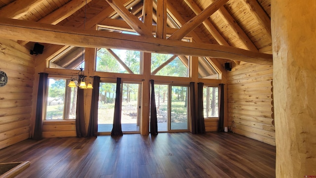 33 Fawn Ct, Pagosa Springs, CO 81147 - spare room featuring wooden ceiling, dark wood-style flooring, a chandelier, and rustic walls
