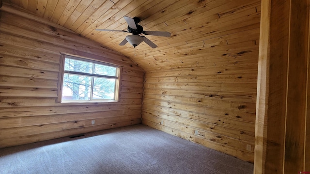 33 Fawn Ct, Pagosa Springs, CO 81147 - bonus room featuring wood ceiling, vaulted ceiling, wooden walls, a ceiling fan, and carpet flooring