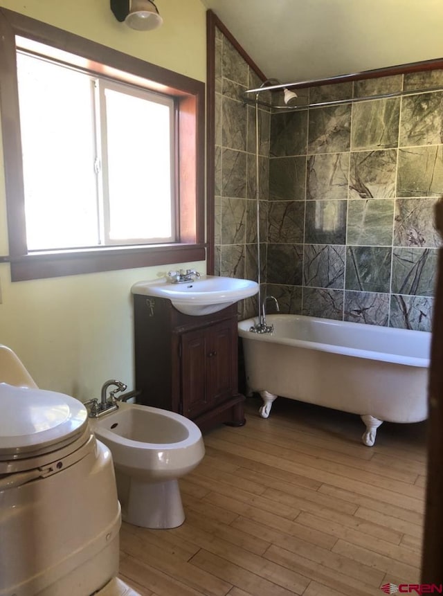 451 9th St, Crested Butte, CO 81224 - bathroom with vanity, lofted ceiling, hardwood / wood-style floors, a bidet, and a combined bath / shower with freestanding tub