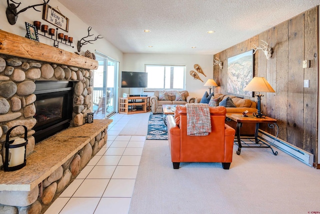 35 Emmons Rd Unit 11, Mount Crested Butte, CO 81225 - living area featuring wooden walls, a textured ceiling, a fireplace, and a baseboard radiator