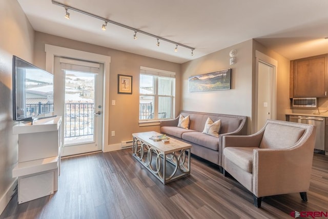 20 Marcellina Ln Unit 104, Mount Crested Butte, CO 81225 - living area featuring rail lighting, dark wood-style floors, and baseboards